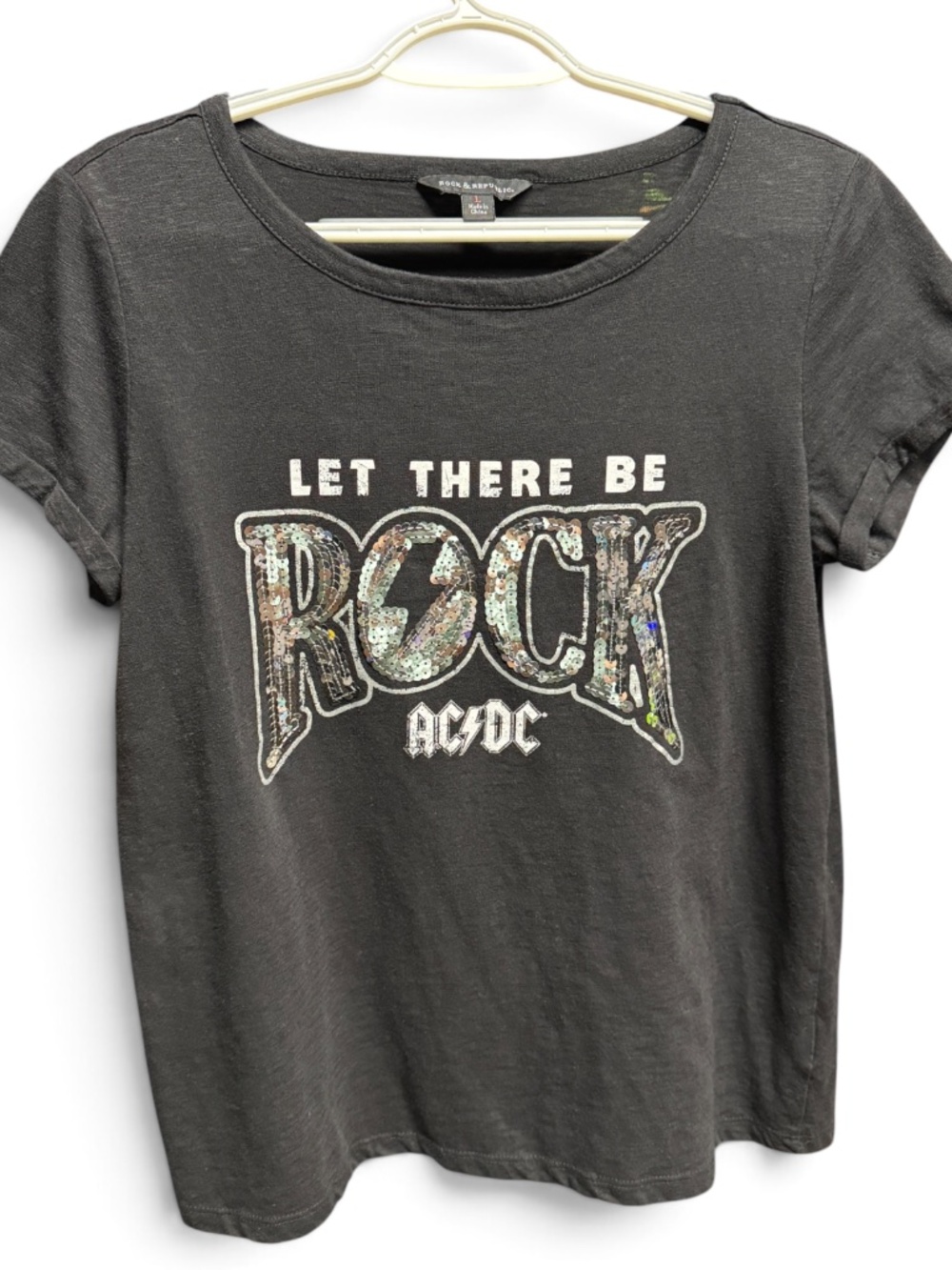 Rock & Republic AC/DC Let There Be Rock Sequin Graphic Tee Women's L